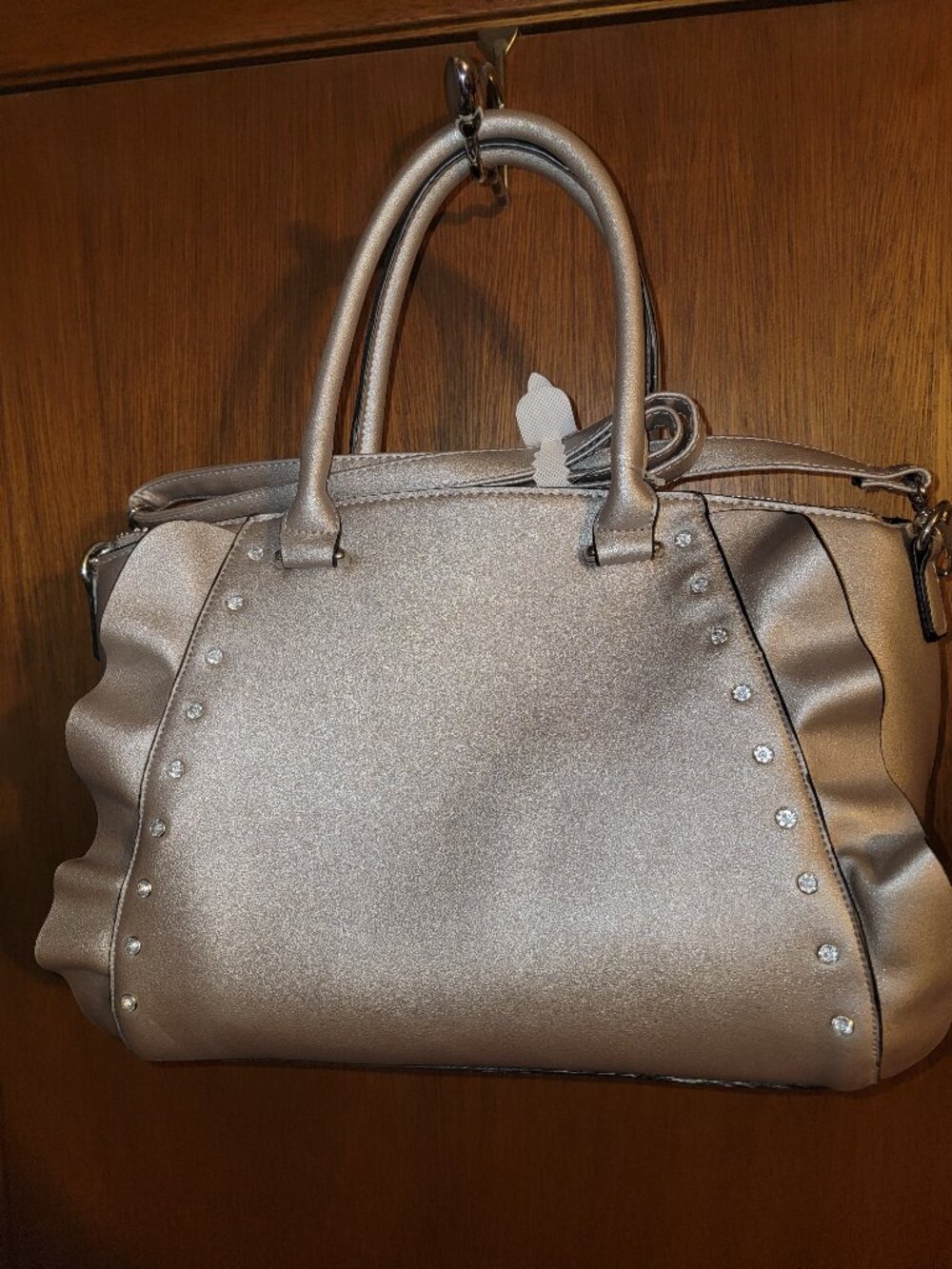 New! Del Mano Ruffle Handbag Metallic Bronze Rhinestone Studs Purse Crossbody